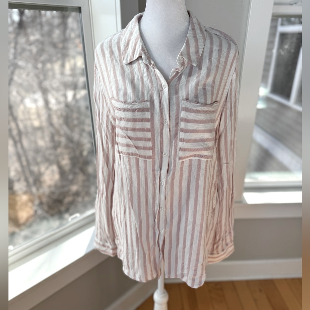 Pink and White Striped Flowy Rayon Long Sleeve Button Down Shirt Sz Large